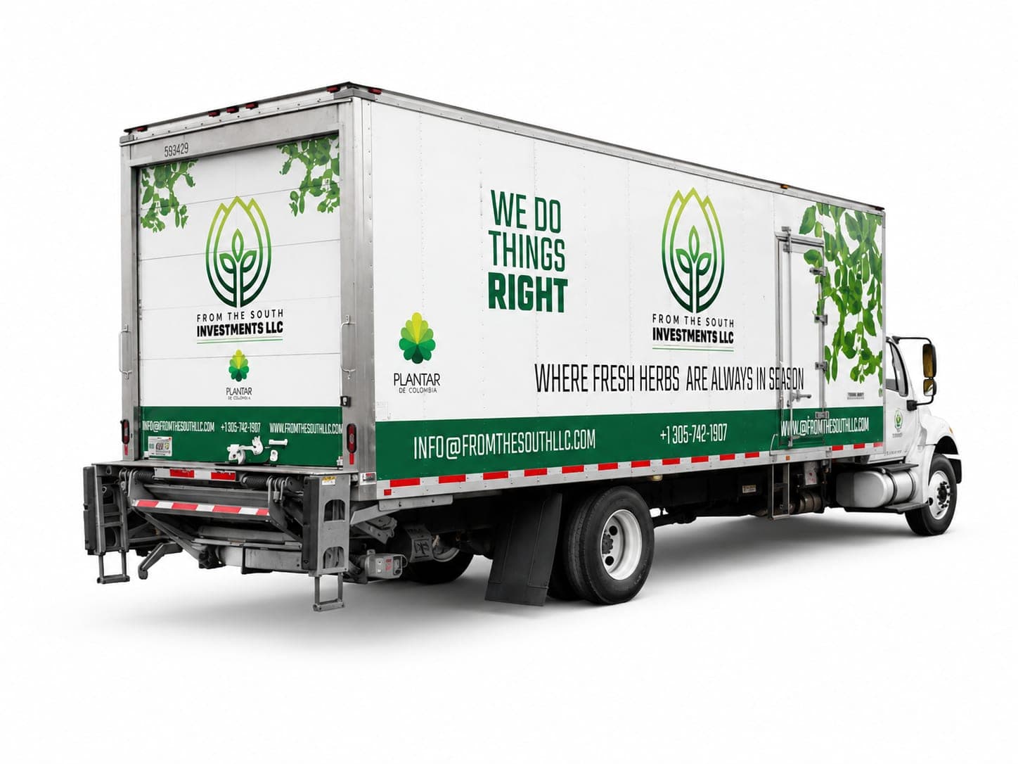 Studio photograph of the From The South Investments LLC branded refrigerated truck showing full vehicle wrap.